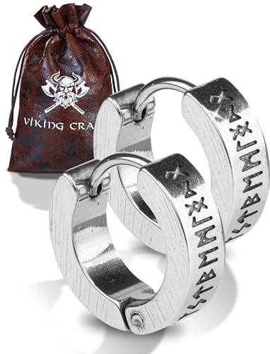 VIKING CRAFT Wikinger Ohrringe für Männer - 1,4cm Edelstahl Herren Schmuck Silber mit Runen - Keltische Deko, Viking Earring, Vikings Fanartikel Geschenke