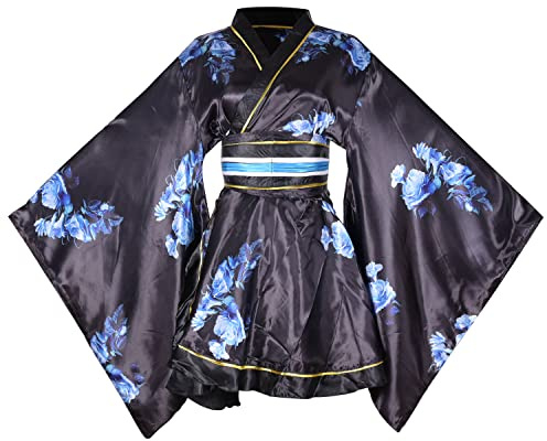 Vestido corto sexy tipo kimono para disfraz de geisha yukata japonesa, vestido con estampado floral, conjunto de cinturón Obi, fiesta de Halloween, traje de fiesta de cosplay (56# negro, talla única)
