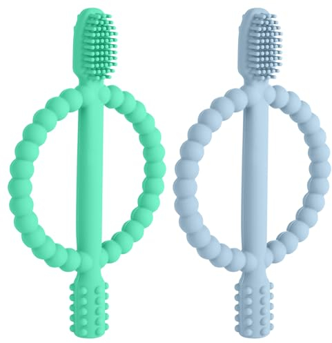 Aolso Baby Beißspielzeug, 2 Stück Kinderzahnbürste Zahnungshilfe, BPA-freies Silikon Säuglingszahnbürste, wundes Zahnfleisch zu stimulieren und zu massieren, ab 3 Monaten (Blau/Grün)