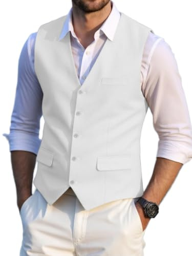 Chaleco de lino de verano para hombre, corte regular, traje clásico, chaleco para bodas y fiestas (blanco, XL), Blanco, XL