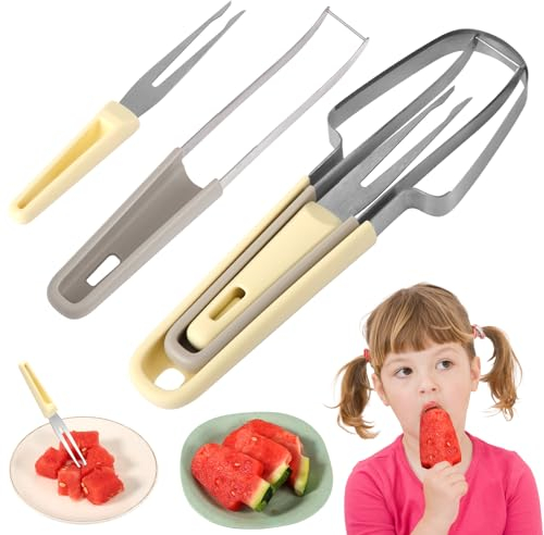 3-in-1 Forchetta per Anguria Taglierina per Anguria, Acciaio Inossidabile Affettatrice Coltello per Melone Frutta Utensile per Tagliare l'Anguria Multifunzionale Gadget da Cucina (Beige)