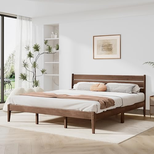 MORDEER King Bed Frame and Ladder Headboard, Solid Wood Bed Frame with Storage, Malaysian Oak Platform Beds with Wooden Slats, No Box Spring Needed, Easy Assembly, King Size, Antique Espresso