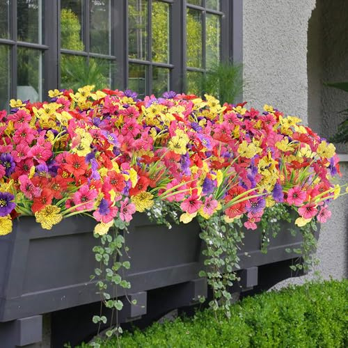 AWARDSEN 16 Bundles Summer Artificial Flowers Bundies Bulk UV Fake Flowers for Garden Pots Yard Outdoor Porch Home Decor, Colorful Faux Wildflowers Plastic Plant for Outside
