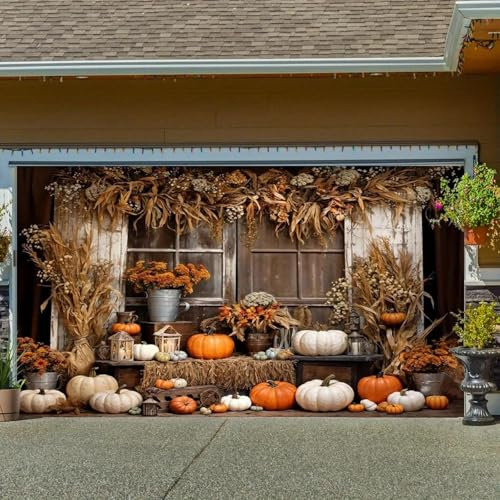 Striscione per porta del garage del Ringraziamento Raccolto autunnale: motivo a zucca con foglie autunnali, adatto per ingressi e festival. 210cmx150cm