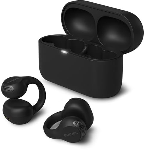 Philips TAQ2000BK Auriculares open ear tipo piercing Bluetooth multipunto True Wireless - 28 horas de reproducción, Estuche de bolsillo, Llamadas nítidas, Para desplazamientos y entrenamientos - Negro