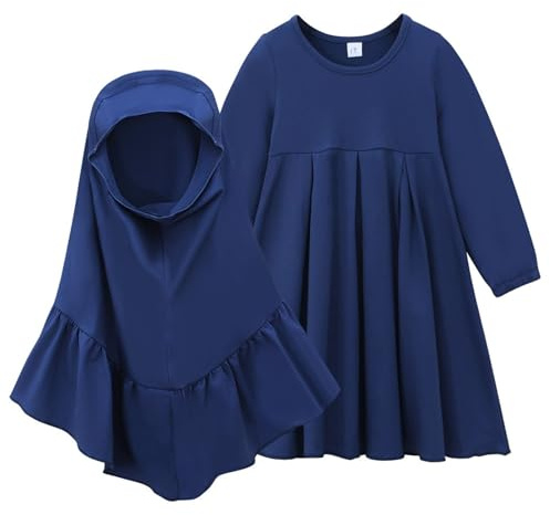 Generisch Petticoat Vestido musulmán de manga larga para niña con bufanda, ropa casual para uso diario, fiesta, vacaciones, primavera, verano, otoño, invierno, bebé niña meses, azul, 9-10 años