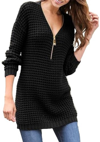 Maglione Lungo Donna Maglia Maniche Lunghe Cotone Maglione da Donna con Scollo A V E Cerniera Tinta Unita A Maniche Lunghe Invernale Maxi Maglia per Leggings Black S