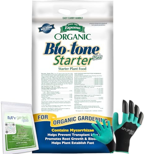 Espoma Bio-Tone Starter Plus 25 lb Natural & Organic Plant Food – Enhanced with Beneficial Microbes & Mycorrhizae, Complete Gardening Kit with My Garden Pool Soil pH Test Strips and Claw Gloves