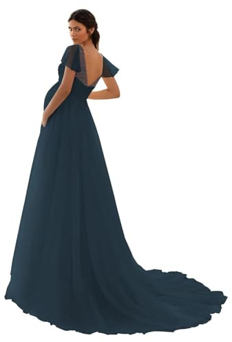 HAIBFJIN Vestido de maternidad de tul, cuello en V, vestido de novia para embarazadas, vestidos de maternidad para baby shower, sesión de fotos, azul marino, 50