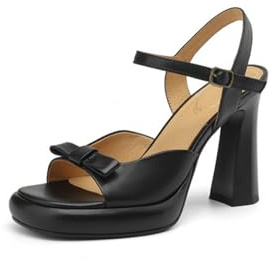 Generico Donna Punta Aperta Slingback Sandali da Sposa con Fiocco Tacco Grosso Alto Décolleté da Plateau Cinturino alla Caviglia Scarpe per Matrimonio da Ballo per Feste,Nero,36 EU
