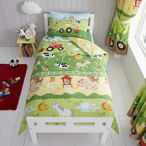 Happy Linen Company Set Copripiumino - Double Face Conta Le Pecore/Animali della Fattoria - Verde/Giallo - Bambino