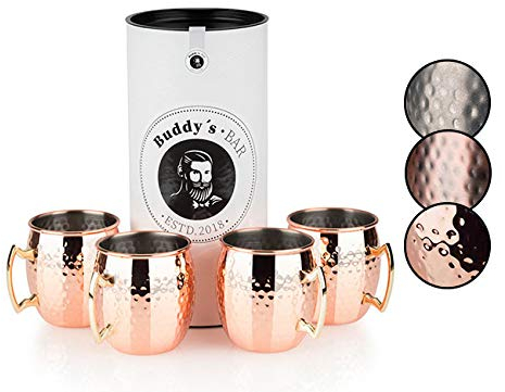 Buddy´s Bar - Moscow Mule Becher, 500 ml, hochwertiger Edelstahl-Becher, lebensmittelecht, Hammerschlag-Effekt, Cocktail-Tasse inkl. Geschenkbox, gehämmert, Kupfer Poliert, 4er Set