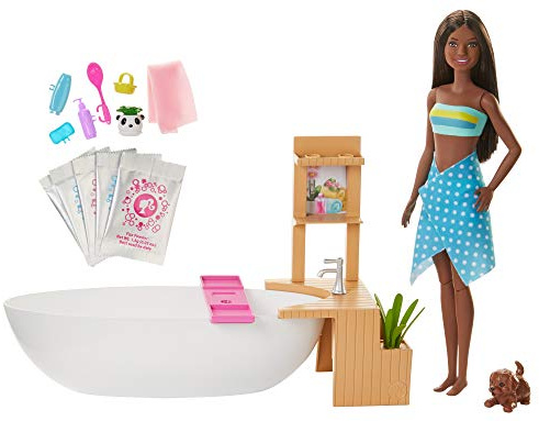 Barbie Bien-être Coffret Bain Coloré avec poupée Brune, Baignoire, Figurine Chiot et Accessoires, Jouet pour Enfant, GJN33, Multicolore