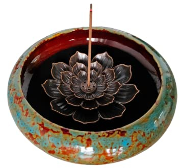 KOPYFANTAP Räucherstäbchen Halter Lotus, Keramik Räuchergefäß mit Messing Kalebassen Räucherstäbchenhalter und Metallabdeckung, Einfach Asche zu Sammeln und Reinigen, Blau