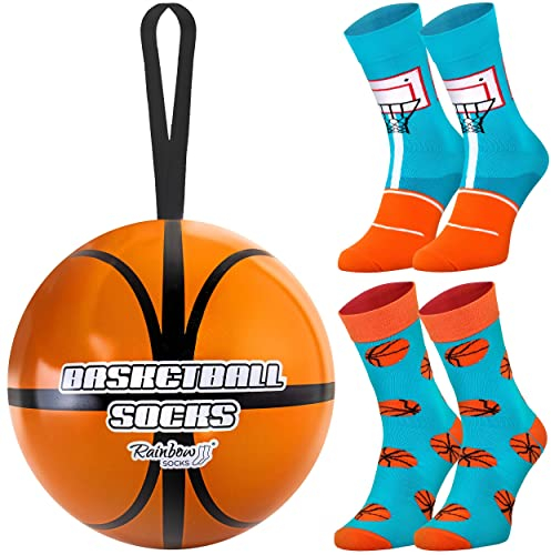 Rainbow Socks – Basketballsocken – ein originelles Geschenk, Basketballgadget für Basketballspieler, Basketballfan, Trainer von Teamspielen, Sporttrainer – 2 Paar Damen- und Herrensocken – Größe 47-50