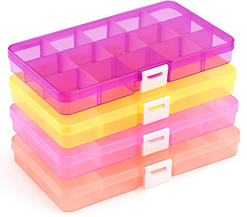 Opret 4 Pcs Bead Storage Box, 15 Grids Plastic Jewellery Organisers | Small Containers with Adjustable Dividers, Compartment Craft Case, Size 17x9.5x2cm, 4 Colours