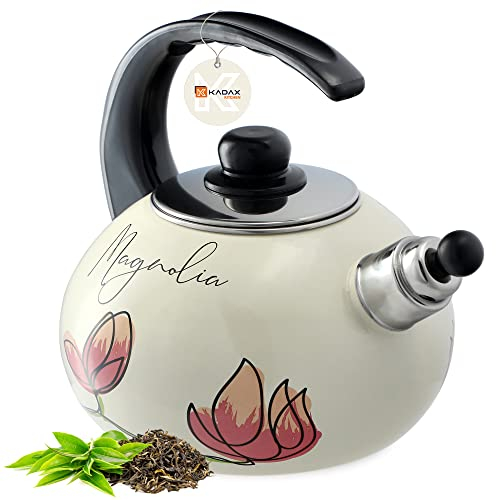KADAX Water Kettle, Stainless Steel Kettle, 2.2L Flute Kettle, Kettle for Induction and Gas Stove, Tea Kettle, Enamel Kettle, Retro Kettle with Whistle (Red Flowers)