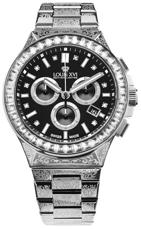 LOUIS XVI Le Monarque Royale Montre chronographe pour homme 42 mm Mouvement à quartz suisse Bracelet en acier inoxydable Argenté/doré Cadran noir Diamants CZ, Argenté/noir glacé, Bracelet