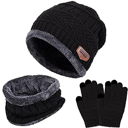 Packs Bonnet Écharpe et Gants Garçon Fille Enfant Bonnet Tricoté Doublé en Polaire Tour de Cou Gants d'hiver à Écran Tactile 5-10 Ans(Noir)