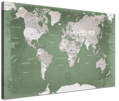 Stilvolle Pinnwand Weltkarte - Salbei - Deutsch in 120 x 80 cm, stabile Rückwand zum Pinnen inkl. Starterkit - Leinwand-Kunstdruck Wandbild Landkarte XXL