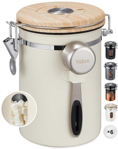 Veken Coffee Sugar Canister with Window, Mothers Day Gifts For Women,Airtight Stainless Steel Kitchen Food Storage Container, Date Tracker & Scoop for Grounds Coffee, Beans,Tea,Flour,Cereal,22OZ,Cream