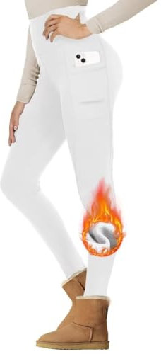 Gayhay Thermo Leggings Damen Winter Mit Taschen, Gefütterte Thermohose High Waist Hose Warm Blickdicht Strumpfhose Für Sport Weiß 2XL