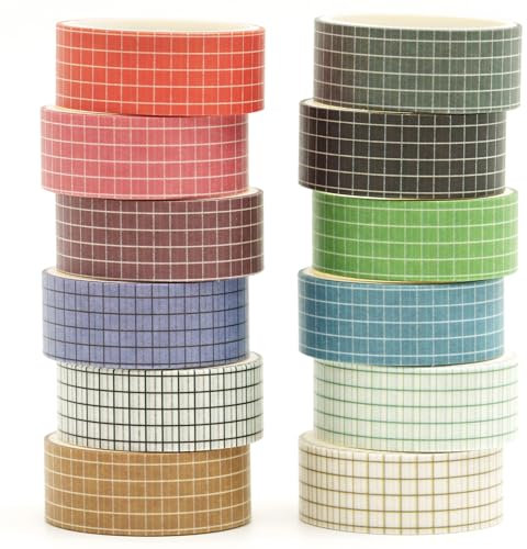 Songdao 12 Rolls Grid Washi Tape Set Plaid Arts Adhesive Tapes Basic Patterns Decorative Masking Tape Sets for Craft, Kids, Scrapbook, DIY, Gift Wrapping (Style One)