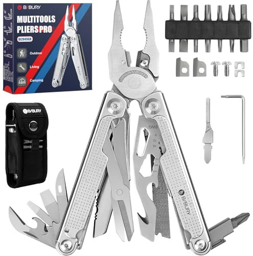 BIBURY Multitools, Men's Gifts for Christmas, Multi Tool Foldable Pliers with T-Shank Tool, Strap Cutter, Stainless Steel Multitools Ideal for Camping, Repairing, Gift for Dad Men - Pro - BI2049GB