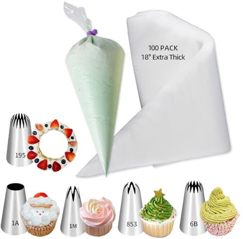 18 Inch Large Piping Bags and Tips Set,100PCS Extra large piping bags Disposable with 5 Piping Tips(Round Tip/Open Tip/Closed Star Tip/Drop Flower Tip/French Star Tip for Cupcakes,Cookie,Cake decor