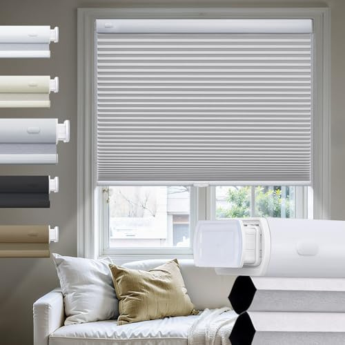 Moonice No Drill Cellular Pleated Blinds for Windows Cordless Cellular Blinds Blackout Color-Matched Thermal Insulated Shades 3.8cm Honeycomb Shade for Home (Gray, 130cm W x 163cm H)