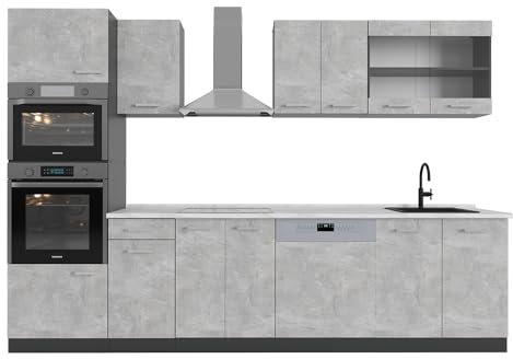 Vicco Küchenzeile R-Line, Beton/Anthrazit, 300 cm mit Hochschrank, AP Marmor