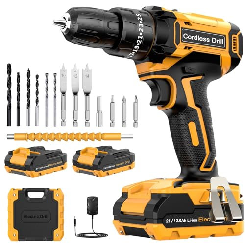 DYJPOW Cordless Drill Driver 21V, Cordless Hammer Drill with 2 Batteries 2000mAh, 25+3 Torque, 42N.m Max, 14PCS Drill Bits, 2 Speed, LED Light for Home and Garden DIY Project, Yellow