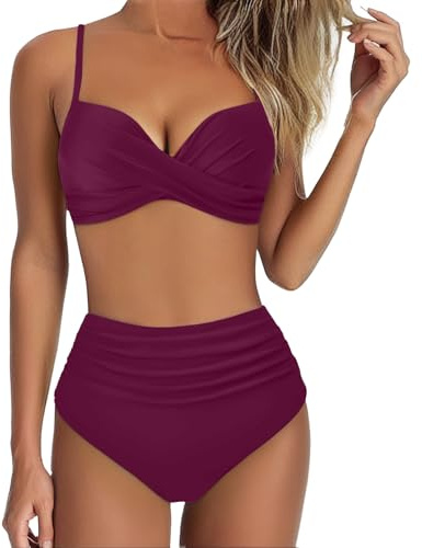 Generico Costume Donna Due Pezzi, Costumi da Bagno Donna Vita Alta Due Pezzi Push Up Bikini Mare Imbottito Halter Reggiseno Costume da Bagno Curvy Swimwear Abitida Spiaggia Estiva Beachwear
