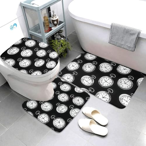 GVYGVY Juego de alfombras de baño de 3 piezas, diseño vintage de reloj de bolsillo, absorbentes, antideslizantes, lavables, cubierta de tapa de inodoro en forma de U, tapete de contorno, tapete de