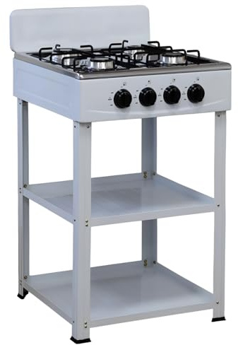 Marvin Fornello a Gas 4 Fuochi da Campeggio Piano Cottura con Supporto 2 Ripiani in Acciaio Cucina da Esterno Portatile Piastra Inox (Bianco)