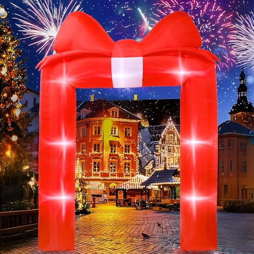 8 FT Christmas Inflatable Bow Arch Archway Red Glitter Bowknot Blow Up Archway Christmas Square Blow Up Yard Inflatables Lighted Bow Self-Inflating Arch for Valentine's Day Lawn Yard Garden Outdoor