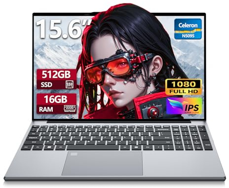 Ordenador Portátil 15,6 FHD IPS Celeron N5095 (4C/4T, hasta 2,9 GHz) Procesador 16GB DDR4 RAM 512GB SSD Win 11 PC Portátil Desbloqueo por Huella Teclado Retroiluminado WiFi USB 3.0 HDMI Bluetooth
