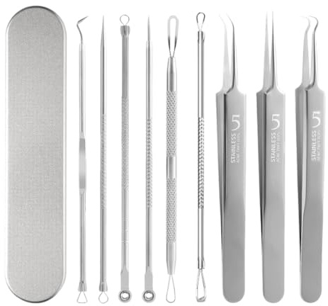 9 Piezas Herramientas para Eliminar Espinillas, Kit Extractor de Puntos Negros, Puntos Negros Aguja Extractor Limpiador, para Tratamiento de Espinillas Acné Comedones y Espinillas