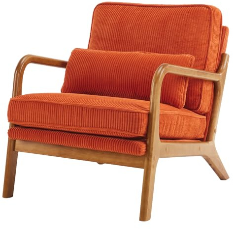 VINGLI Arm Chairs,Mid Century Modern Accent Chairs with Solid Wood Frame,Comfy Upholstered Armchair with Lumbar Pillow,Chairs for Living Room,Bedroom,Small Spaces,Corduroy (Orange)