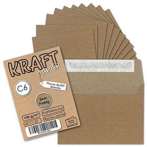 100x Briefumschläge DIN C6 Kraftpapier - Braun außen - Grau innen - Vintage Recycling Kuverts mit Haftklebung - 114 x 162 mm