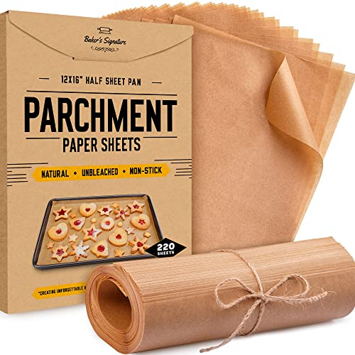 Carta Forno Fogli, 220 Pezzi da 30x41cm Carta da Forno per Teglie da Mezza di Foglio - Carta Forno Naturale Pergamena per Cottura, Cucina & Arrostire - Facili da Usare e Pulire da Baker's Signature