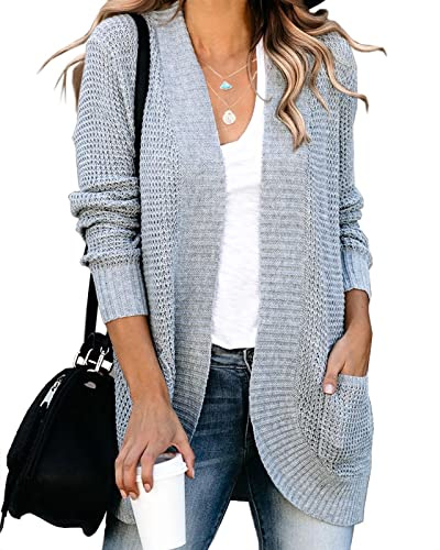 Saodimallsu Cardigan da donna a maniche lunghe, casual, leggero, morbido, lavorato a maglia, con tasche, Grigio, L