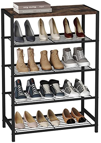 HOME BI 5-Tier Industrial Shoe Rack, Metal Shoe Storage Organizer, Durable Shoe Organizer Shelf for Closet, Hallway, Entryway, Living Room, Rustic Brown