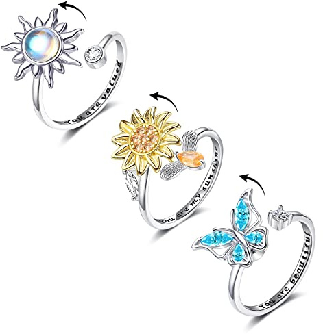 Honsny Fidget ringar för kvinnor flickor, spinner fidgetring för ångest- och ångestlindrande ring set, solros, fjäril, bi stjärna, måne, stresslindring, snurrande ringar för vuxna, Adjustable, Silver