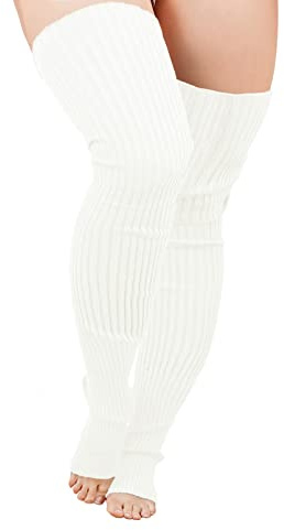 v28 Plus Size Knit Leg Warmer Women Thick Thigh High Boot Extra Long Large Socks(Plus Size- White)