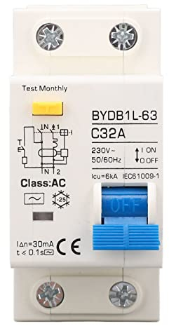 Fi Schutzschalter AC 230V 30mA C32 1P+N Leitungsschutzschalter Hutschiene Auslaufschutz Überlastschutz Fehlerstromschutzschalter FI/LS Schalter Sicherungsautomat