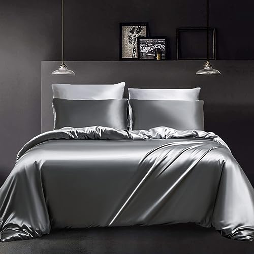 YASMENG Satin Bettwäsche 135x200 Grau Dunkelgrau Hellgrau Wendebettwäsche Satin Glatt Glänzend Deluxe Weich Seidig Seide Bettbezug Set 2teilig mit Reißverschluss und 80x80 cm Kissenbezug