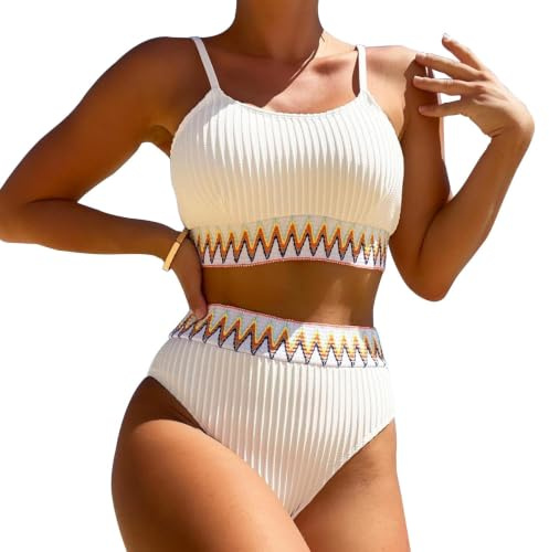 KBRPEY Traje de Baño Mujer Conjunto de Bikini Tankini Trajes de Baño Ahuecados Bañador Atractivo de Dos Piezas Verano Swimwear Ropa de Baño de Playa Cintura Alta (Blanco S)