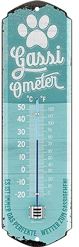 LANOLU Plaque en tôle rétro avec thermomètre Gassi - Analogique - Décoration de jardin - Plaque en tôle vintage - Cadeau pour les amoureux des chiens - 8 x 28 cm