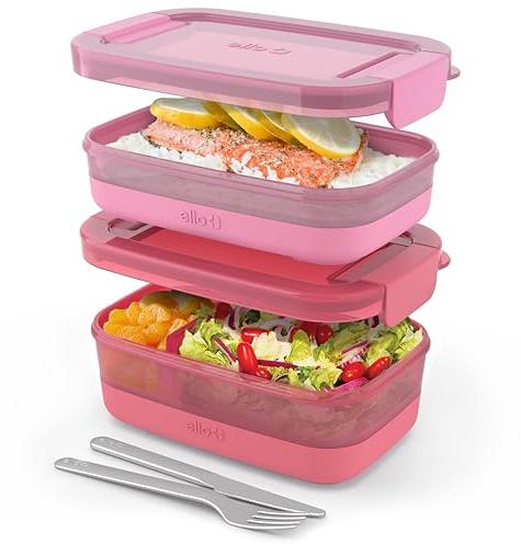 Ello 2-Pack Lunch Stack Plastic Food Storage Container Bento Box with Airtight, Leak-Proof Locking Plastic Lids and Silicone Base, BPA-Free, Freezer, Microwave, and Dishwasher Safe, Guava
